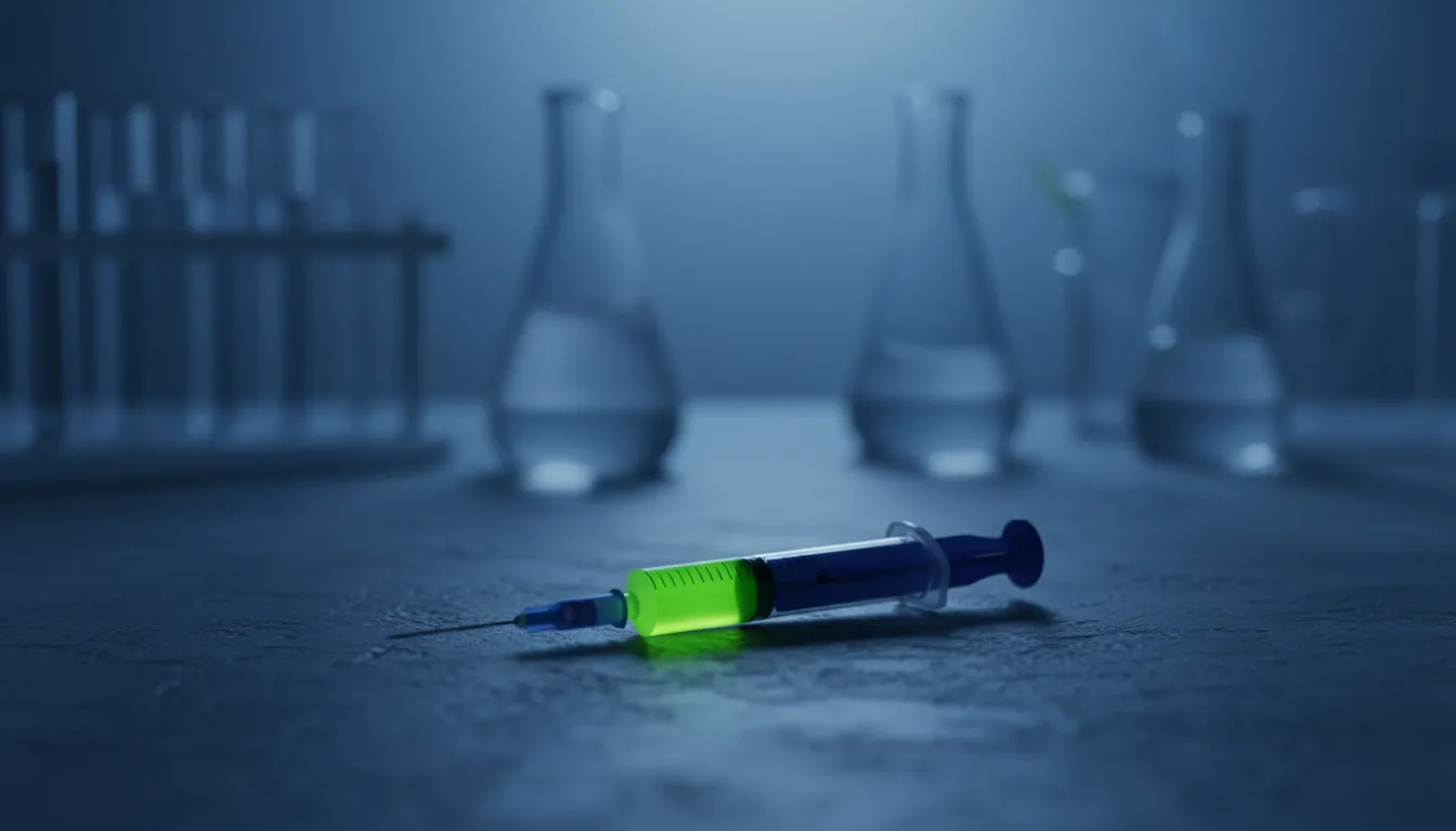 A syringe filled with a pharmaceutical compound in a dimly lit lab setting.