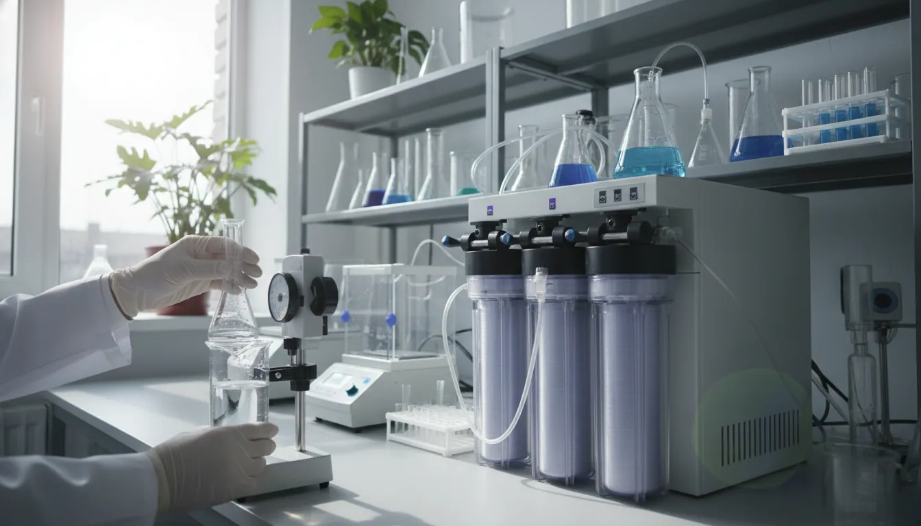 A water filtration system in a laboratory with a clear water sample being tested.