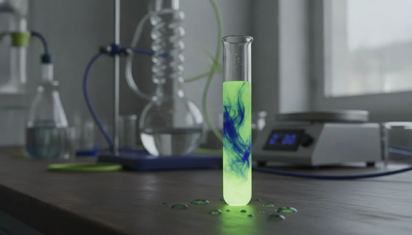 A test tube with a colorful liquid on a lab bench