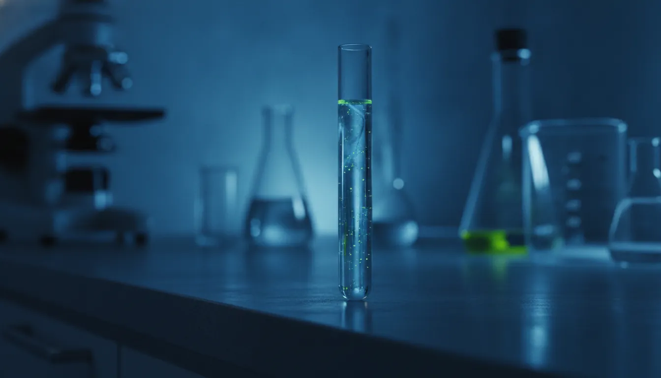 A liquid biopsy sample in a test tube on a laboratory countertop during blue hour.
