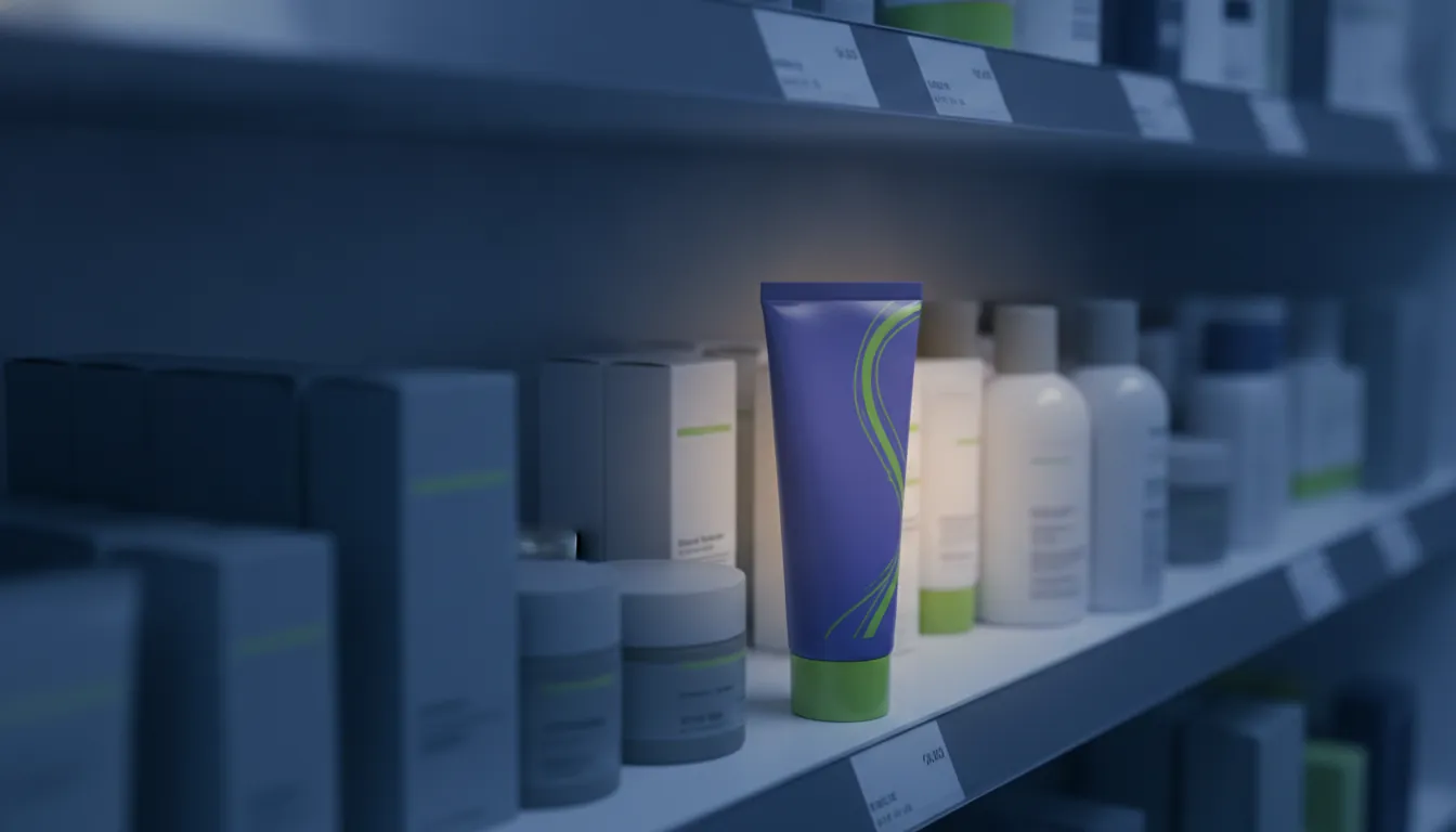A tube of acne treatment cream on a pharmacy shelf at dusk.