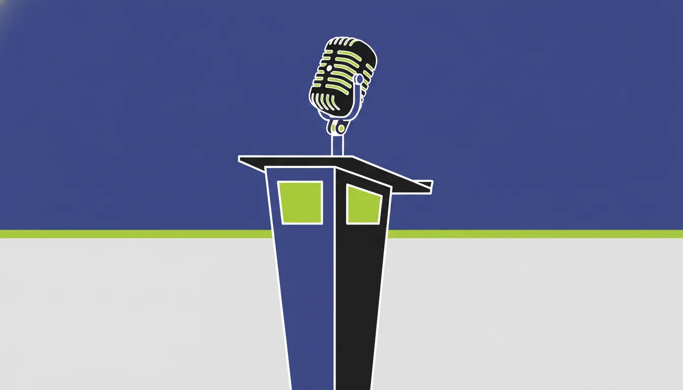 A minimalist illustration of a microphone on a podium, symbolizing a conference setting.