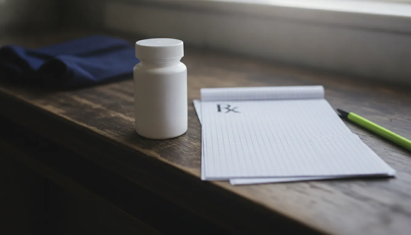 A pill bottle and prescription pad on a wooden desk in a clinical setting.