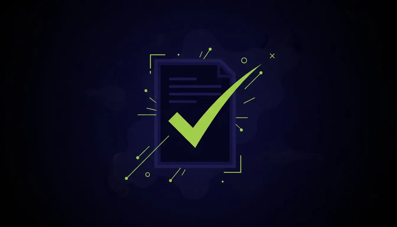 A minimalist representation of a clinical trial document with a checkmark in a dark color scheme.