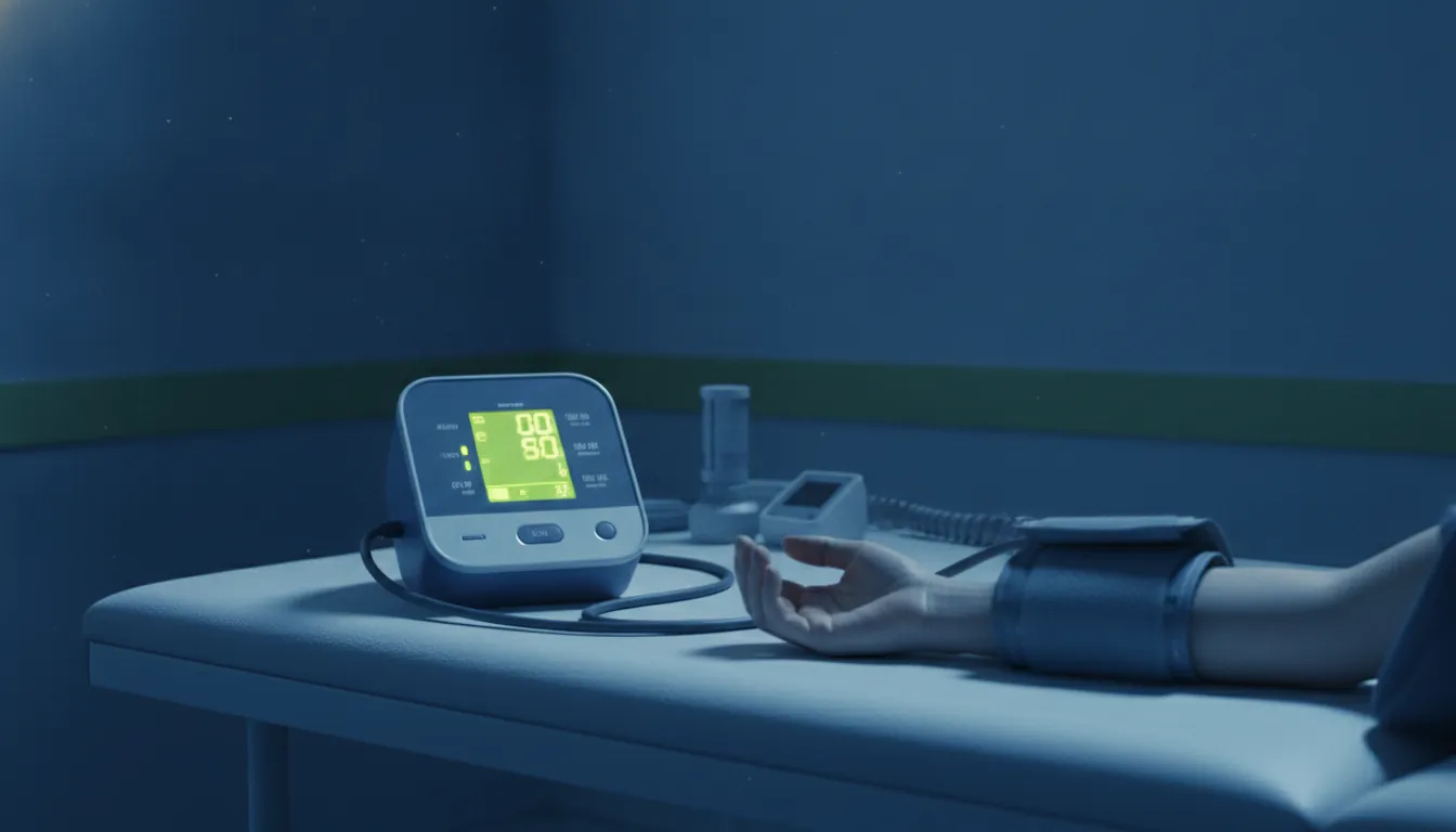 A blood pressure monitor in a clinical setting with a patient's arm