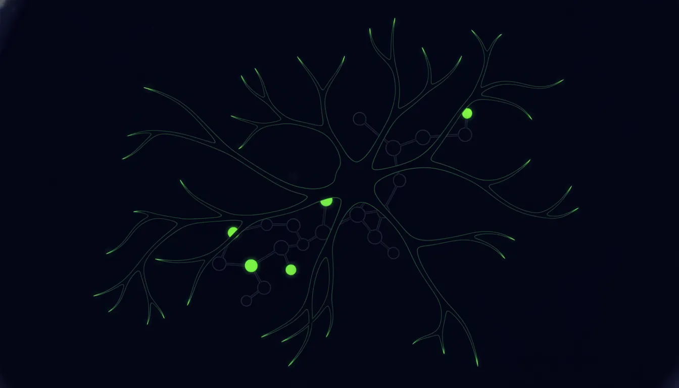 A minimalist illustration of a neuron and molecule in a dark palette.