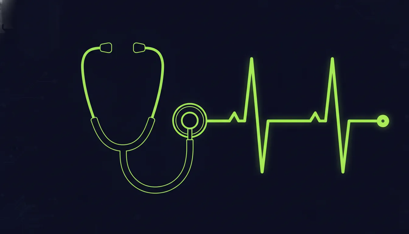 A minimalist illustration of a stethoscope and heart rate line representing AI in healthcare.