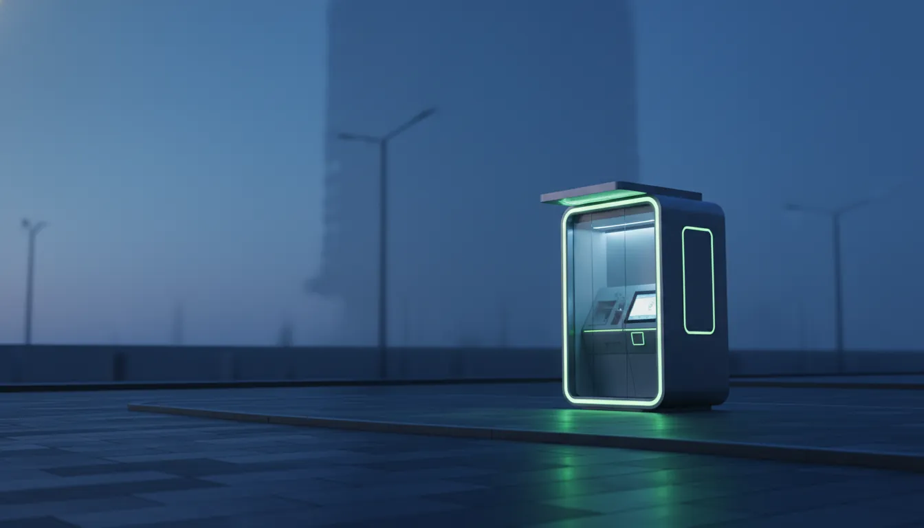 A healthcare kiosk illuminated at dusk on an urban street.
