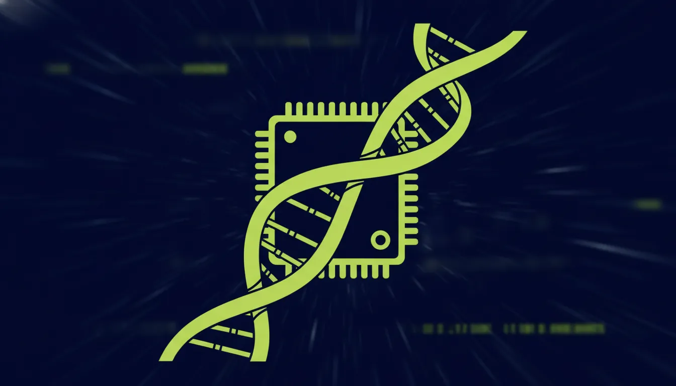 A minimalist illustration of a DNA strand and a computer chip in a dark theme.