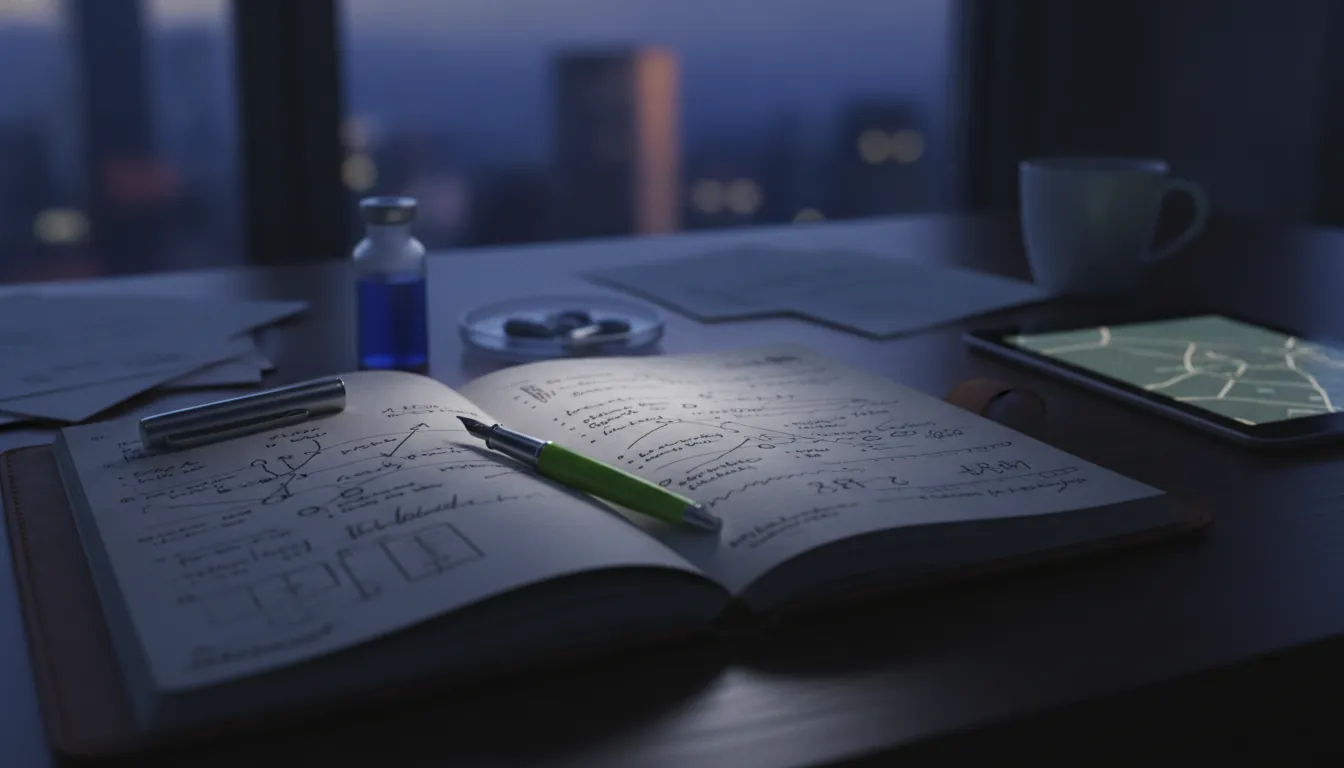 A notepad and pen on a desk in a dimly lit office, symbolizing strategic planning in pharmaceutical sales.