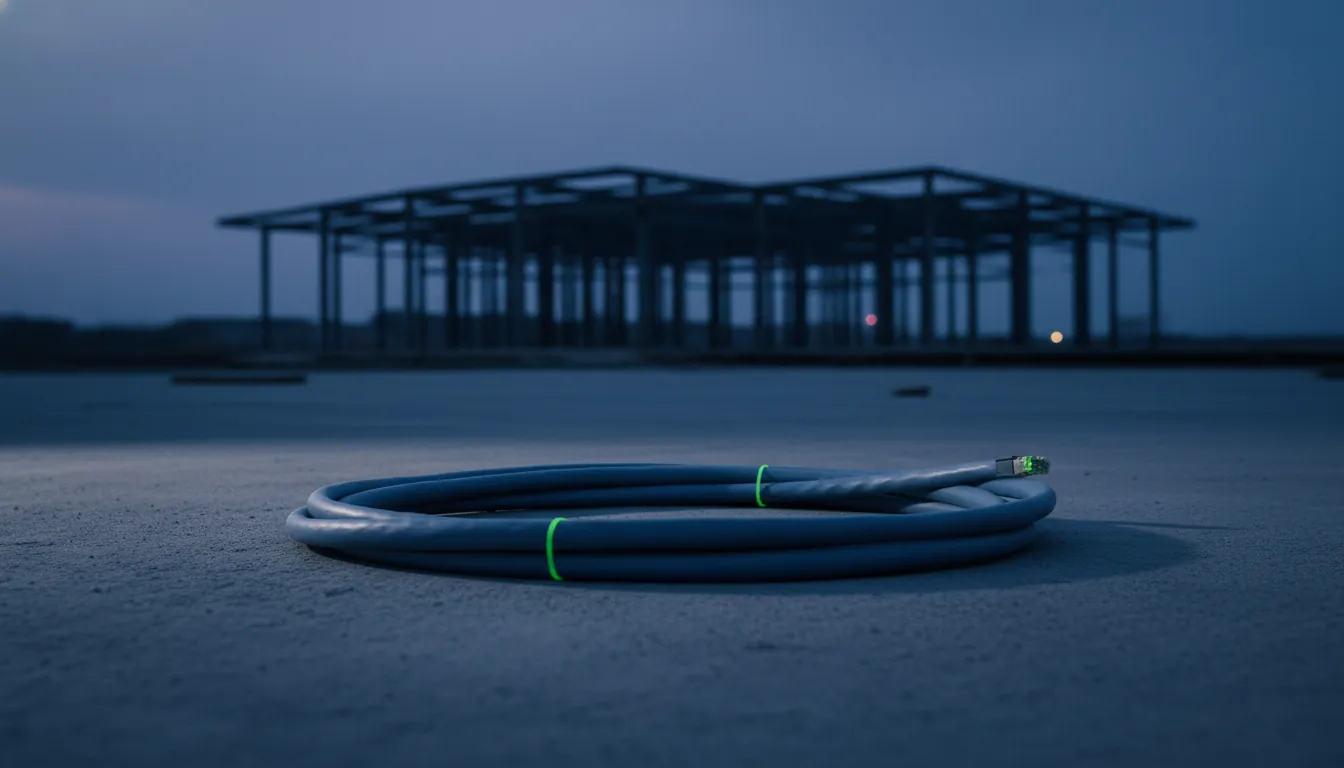 A data center cable on a concrete surface with a construction site in the background.