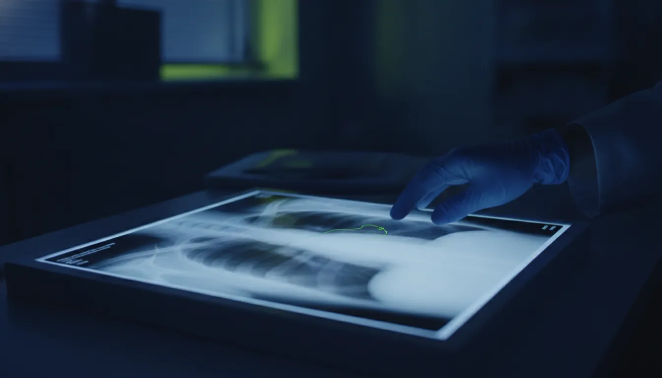 A chest X-ray on a lightbox with a radiologist's hand reaching towards it in a dimly lit room.