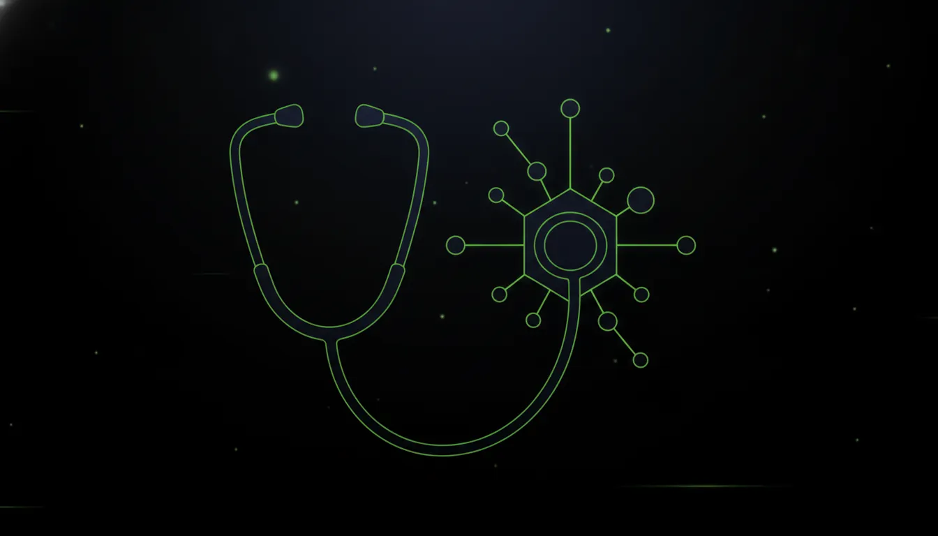 A minimalist illustration of a stethoscope and AI symbol representing healthcare technology.