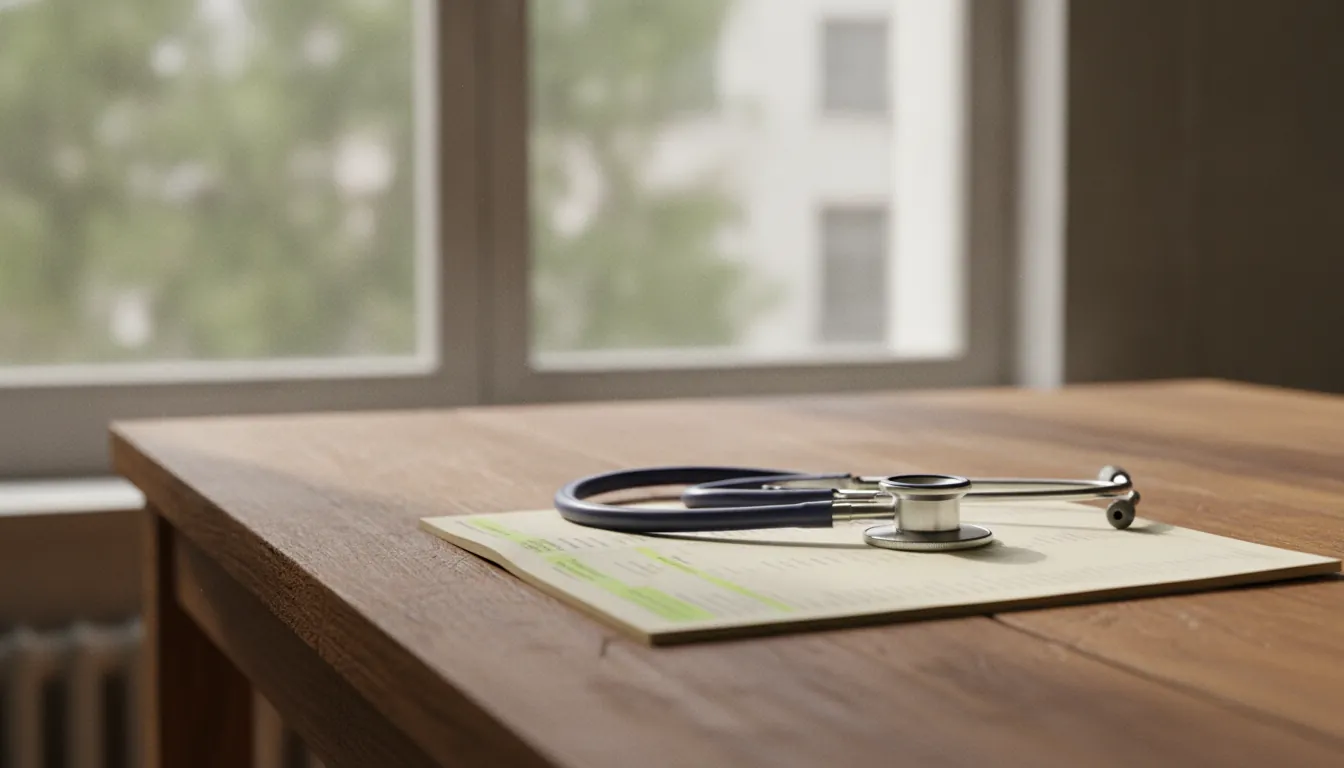 A stethoscope on a medical chart in a clinical office setting