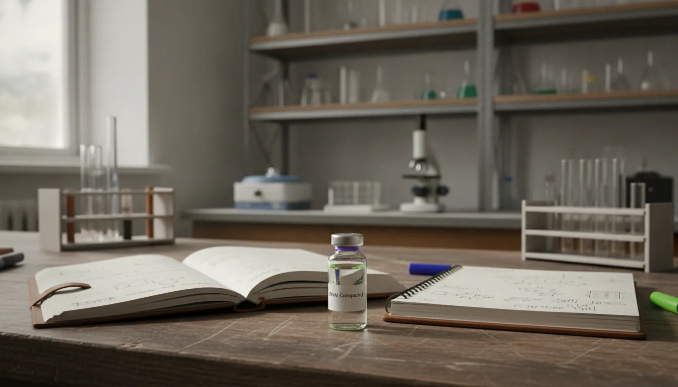 A vial of RNAi drug compound on a lab table with a research notebook.