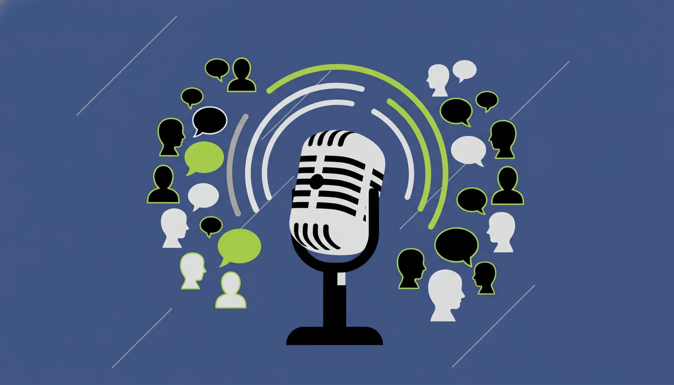 A minimalist illustration of a microphone representing biotech leaders' discussion.