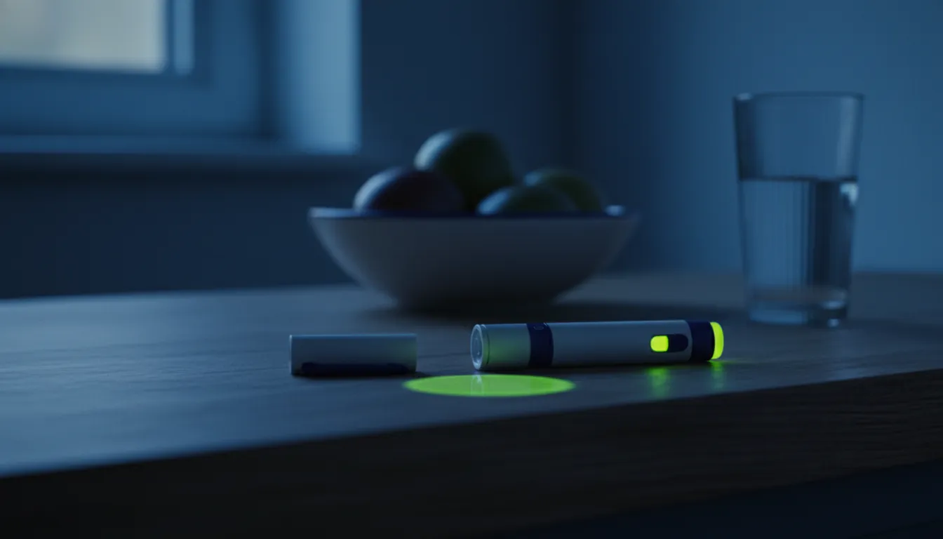 An insulin pen on a kitchen countertop at dusk, symbolizing diabetes management.