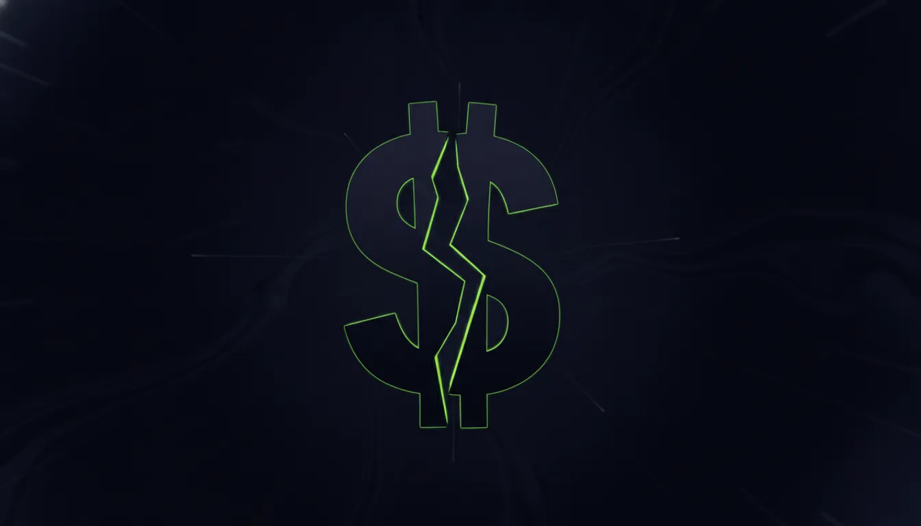 A minimalist representation of a dollar sign split in half, symbolizing business divestiture.