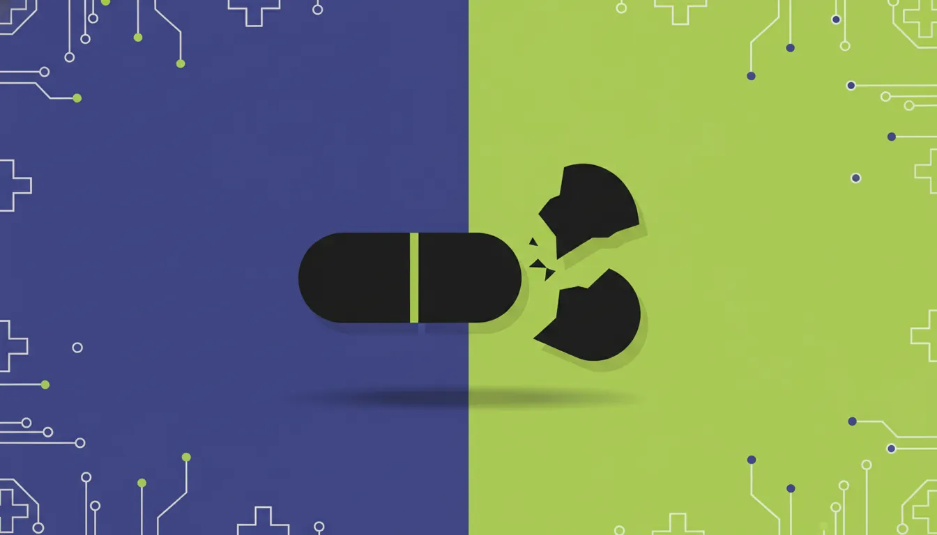 A minimalist illustration of a pill and a broken pill on a solid background.