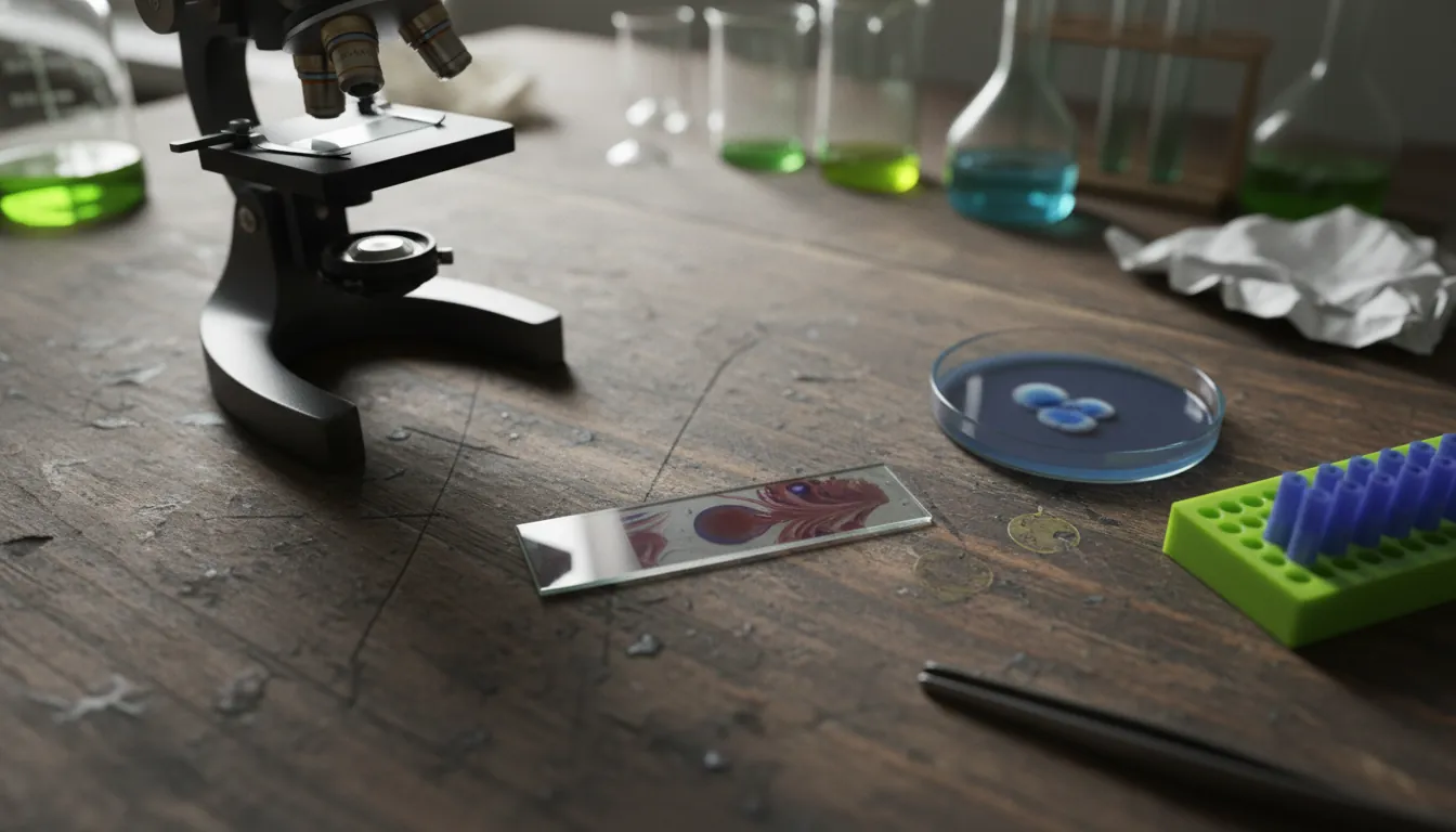 A blood smear on a microscope slide in a lab setting
