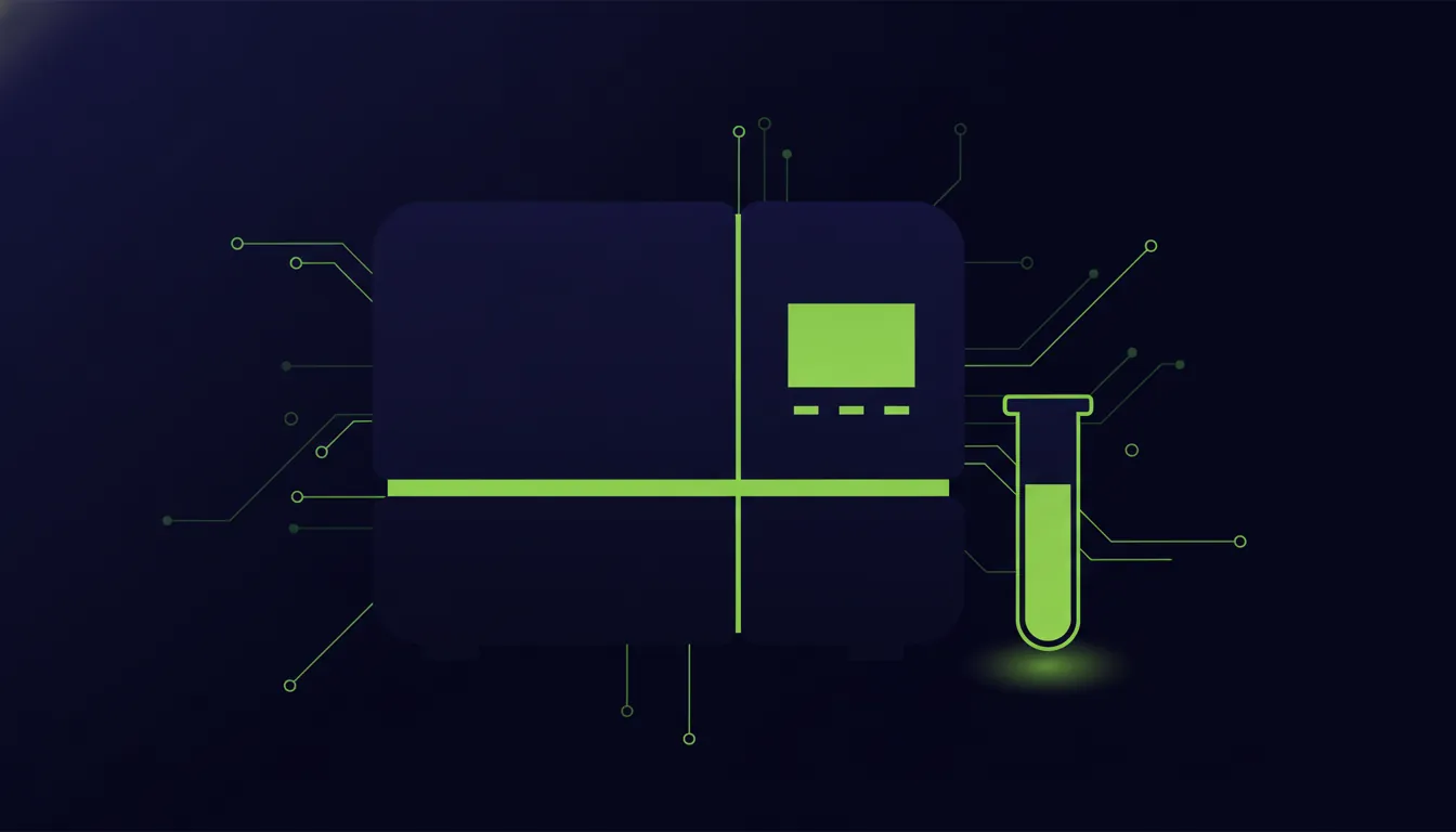 Minimalist illustration of a clinical chemistry analyzer and test tube