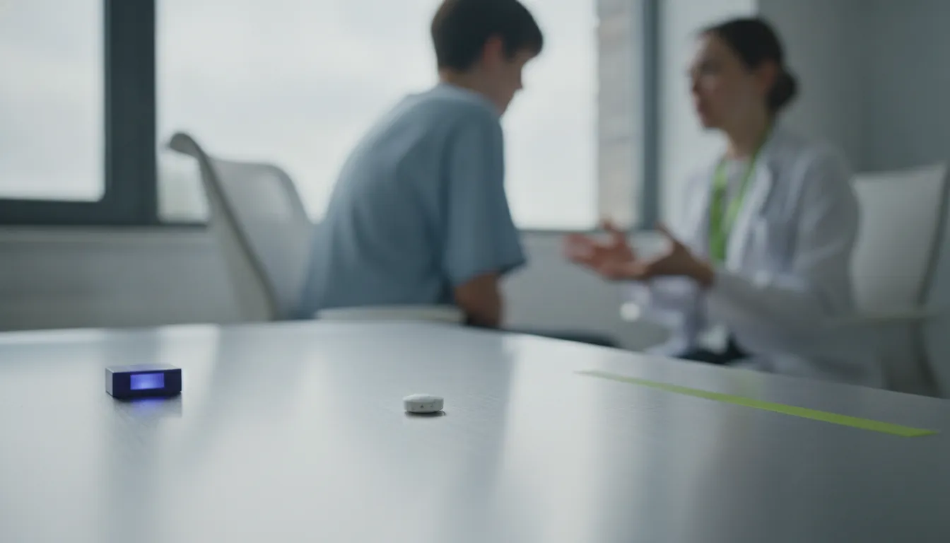 A pill on a clinical trial table with a participant in the background.
