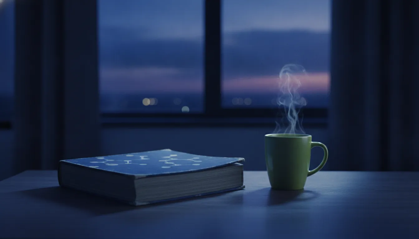 A training manual and coffee cup in a dimly lit office during blue hour.