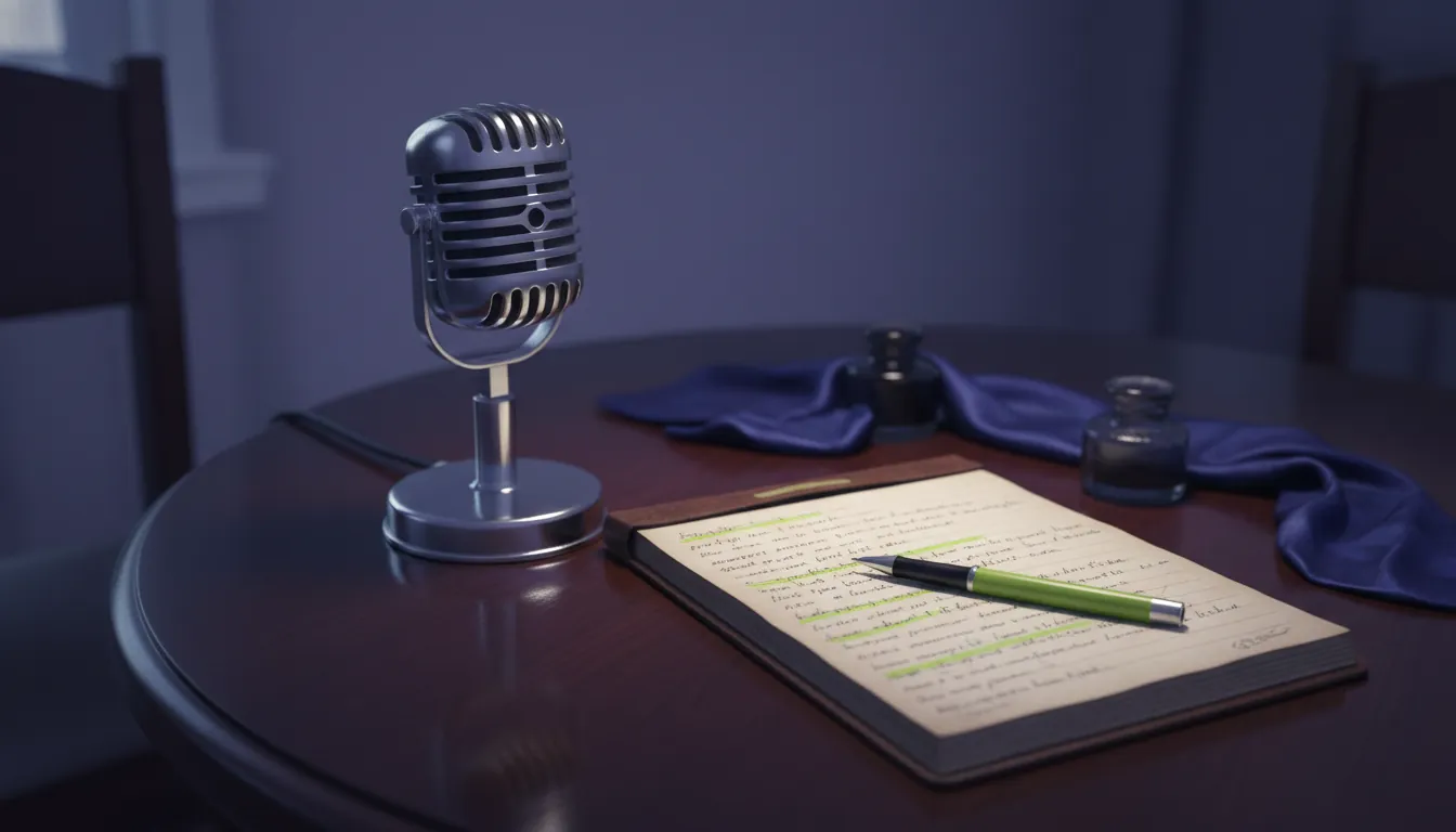 A vintage microphone and an open notepad in a dimly lit conference room