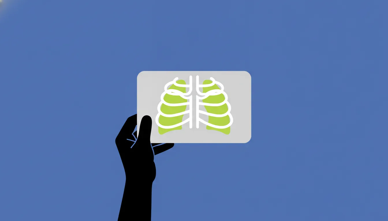 A flat illustration of a chest X-ray held by a radiologist's hand against a solid indigo background.