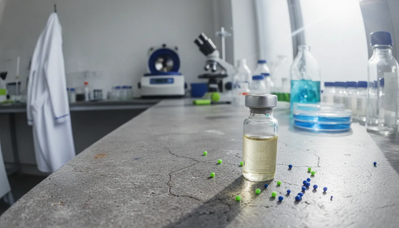 A biologics sample on a lab surface with testing equipment in the background.