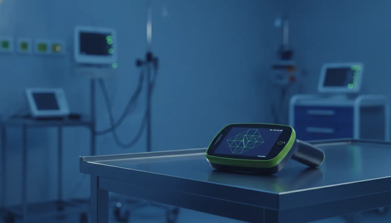 A digital wound measurement device in a hospital setting during blue hour.