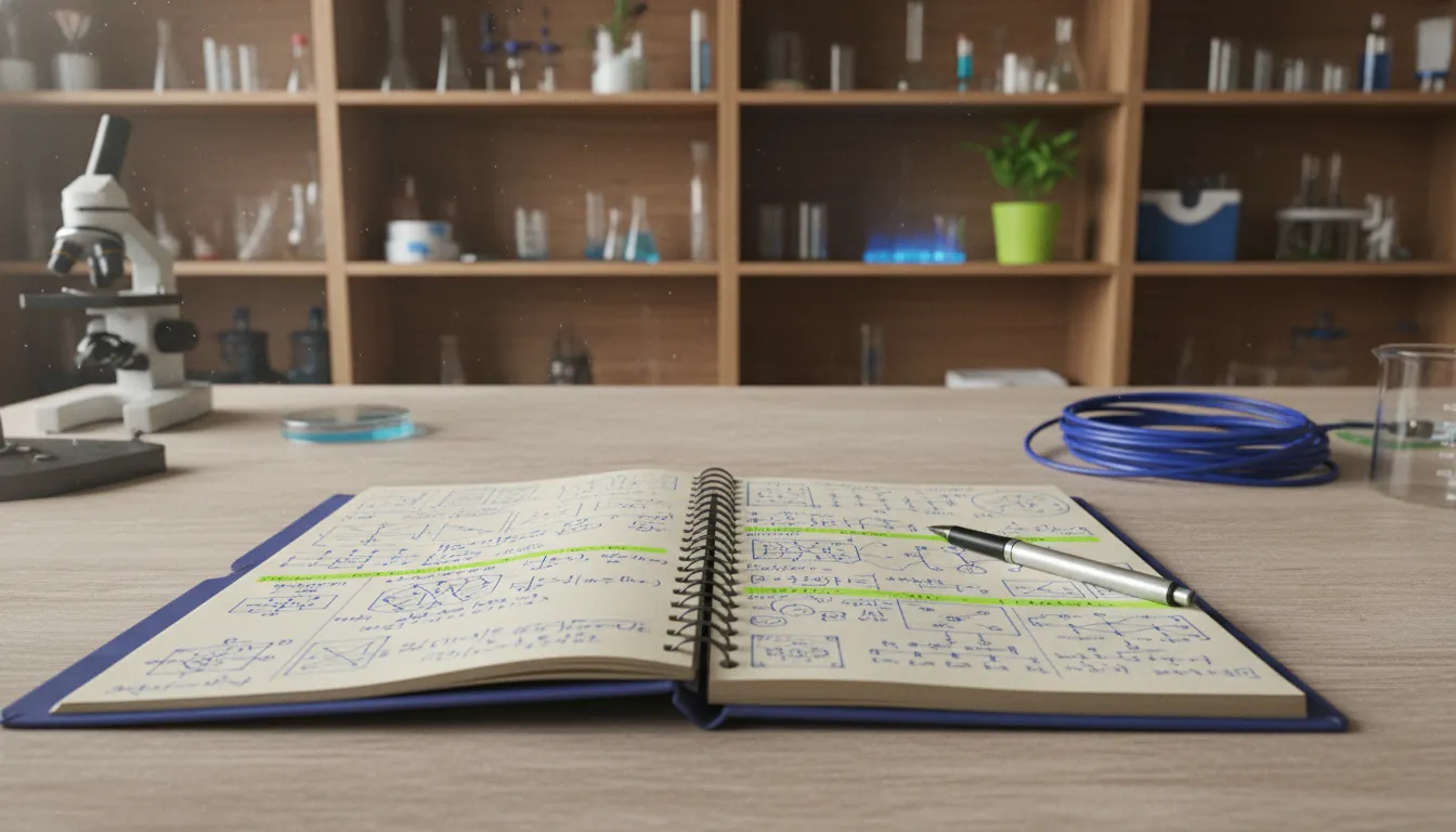 A scientific notebook and pen in a laboratory setting
