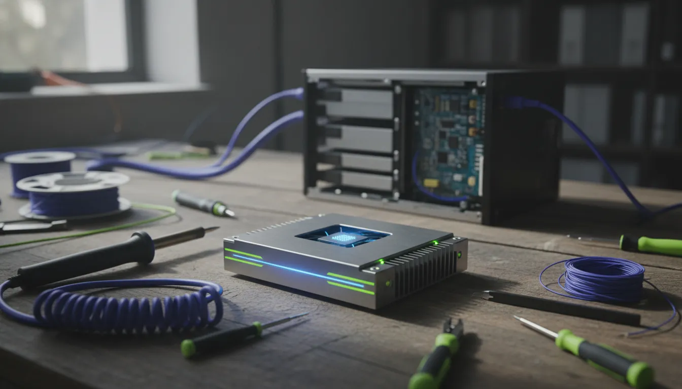 A physical AI security device on a lab workbench