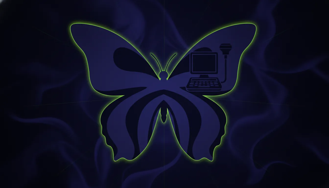 A minimalist illustration of a butterfly shape symbolizing ultrasound technology.