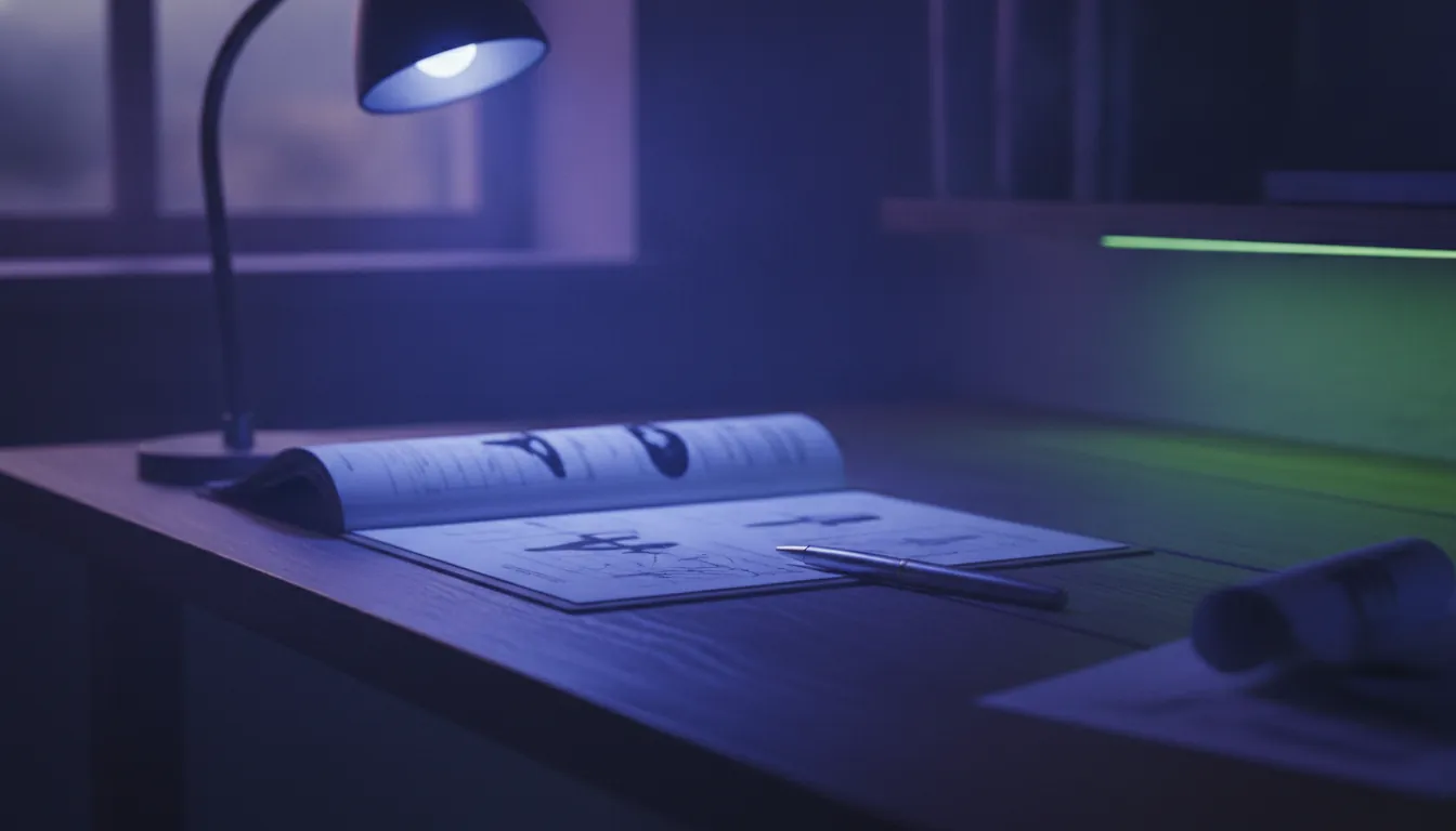 A medical chart and pen on a desk in a dimly lit office