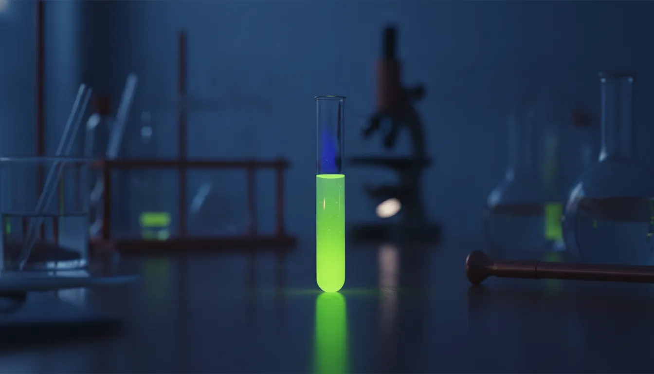 A test tube with a colorful chemical compound in a dimly lit lab