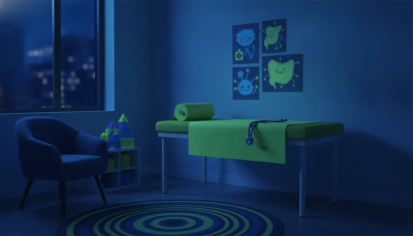 A pediatric clinic room with an examination table and medical charts