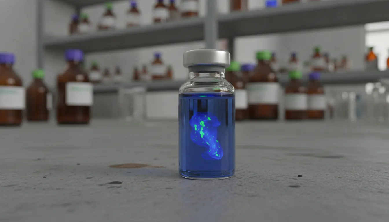 A glass vial of a drug compound on a laboratory bench with shelves of reagents in the background.