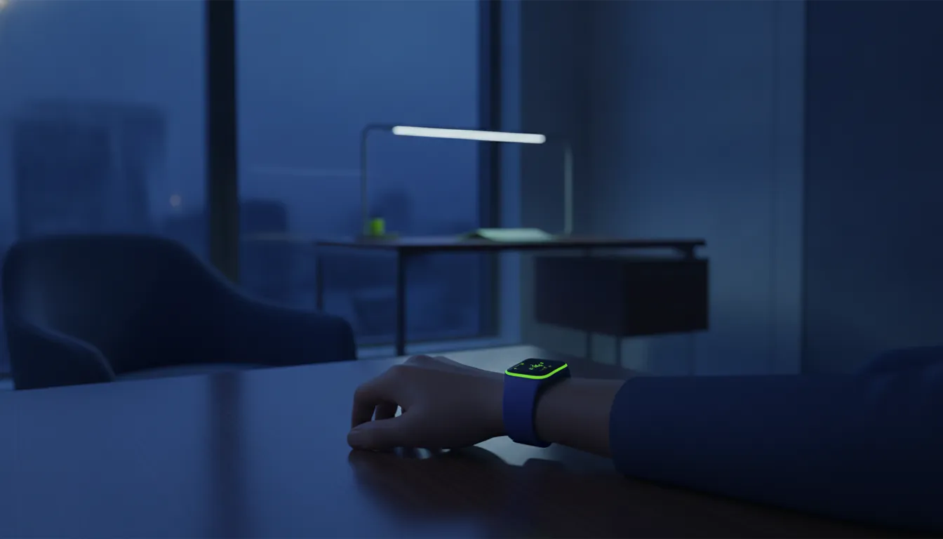 A health wearable device on a patient's wrist in a clinical setting