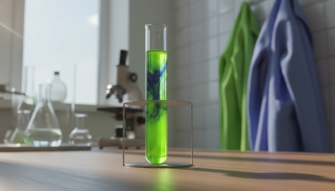 A test tube with a colorful liquid on a lab bench