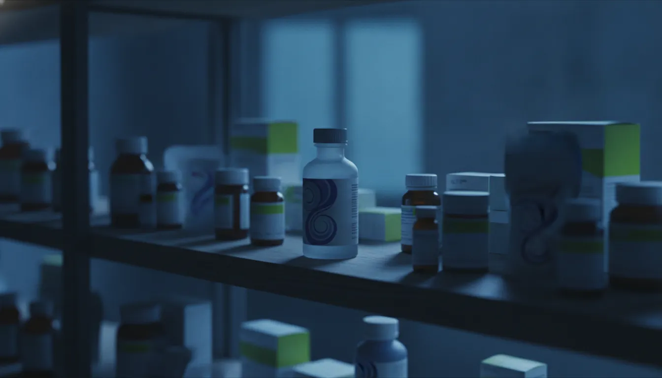 A pharmacy shelf showcasing locally produced medicine bottles in a dimly lit setting.