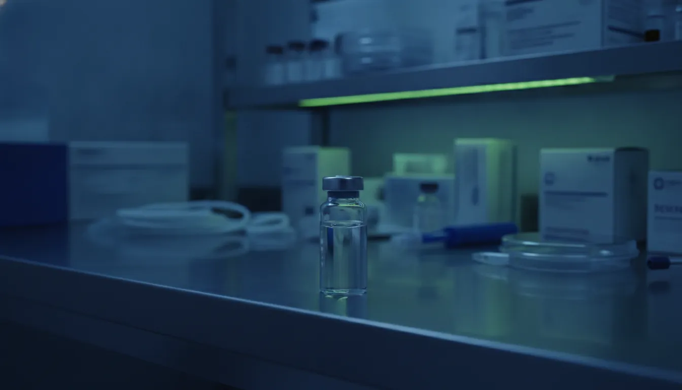 A vial of clear liquid on a lab bench in a dimly lit laboratory setting.