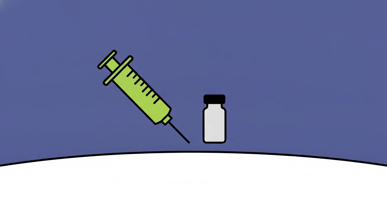 A minimalist illustration of a syringe and vial in flat design.