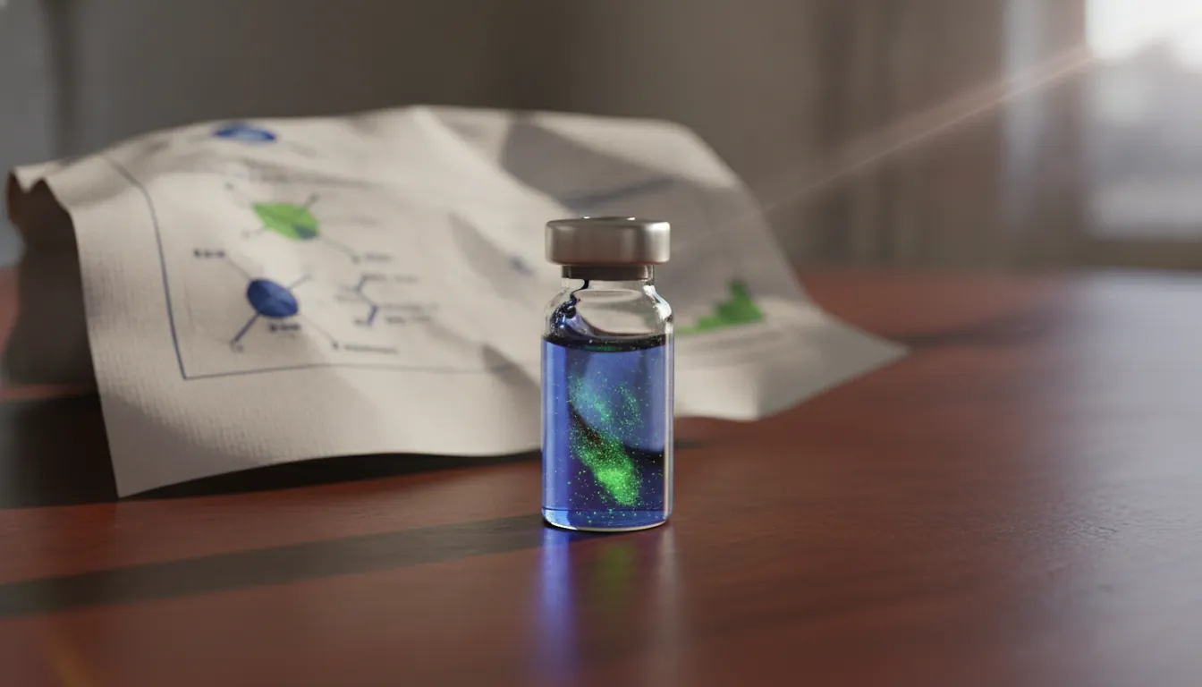 A biotech product sample on a conference table with a research document in the background.