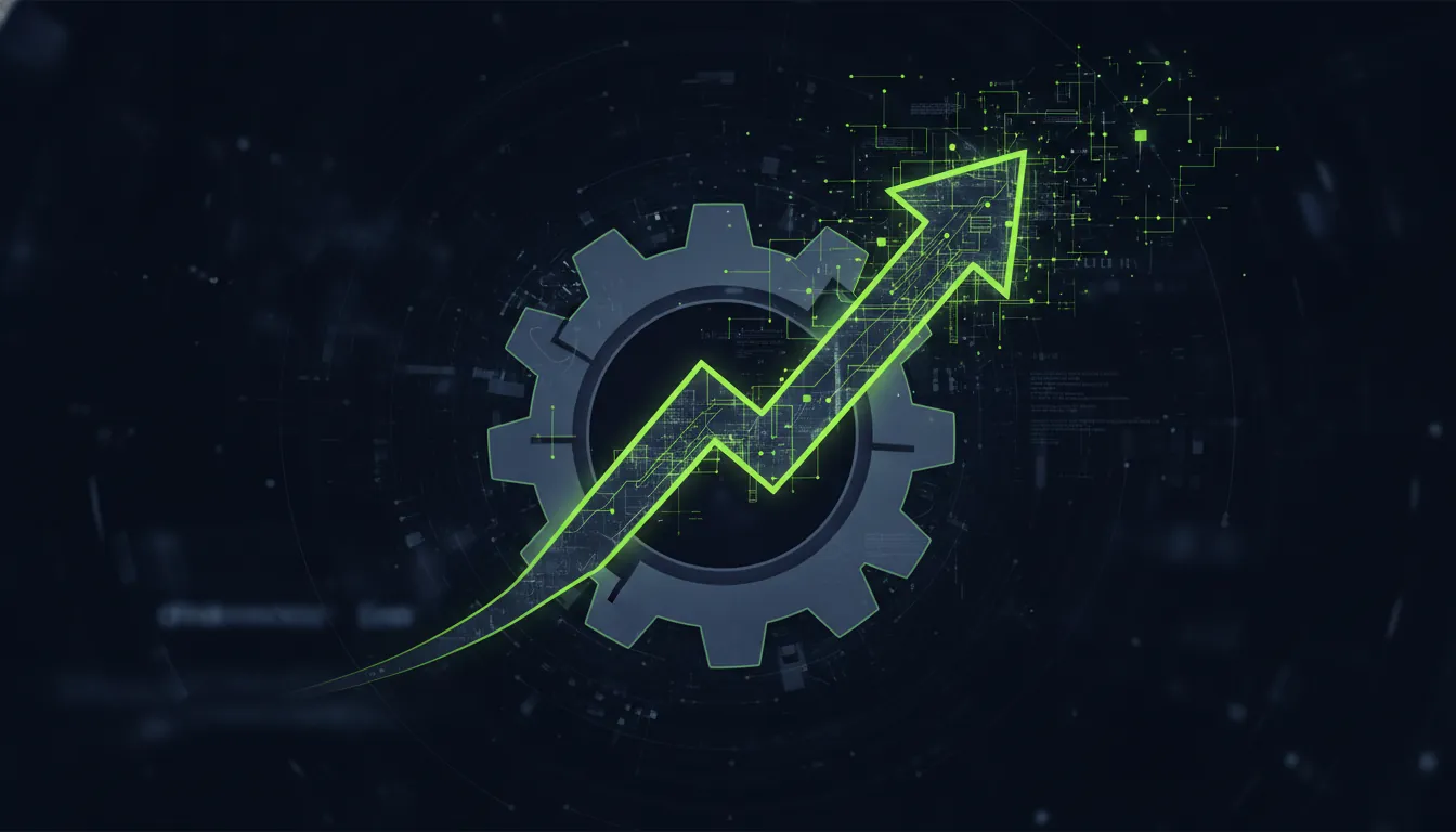 A gear and arrow symbolizing industrial strength and investment in AI.