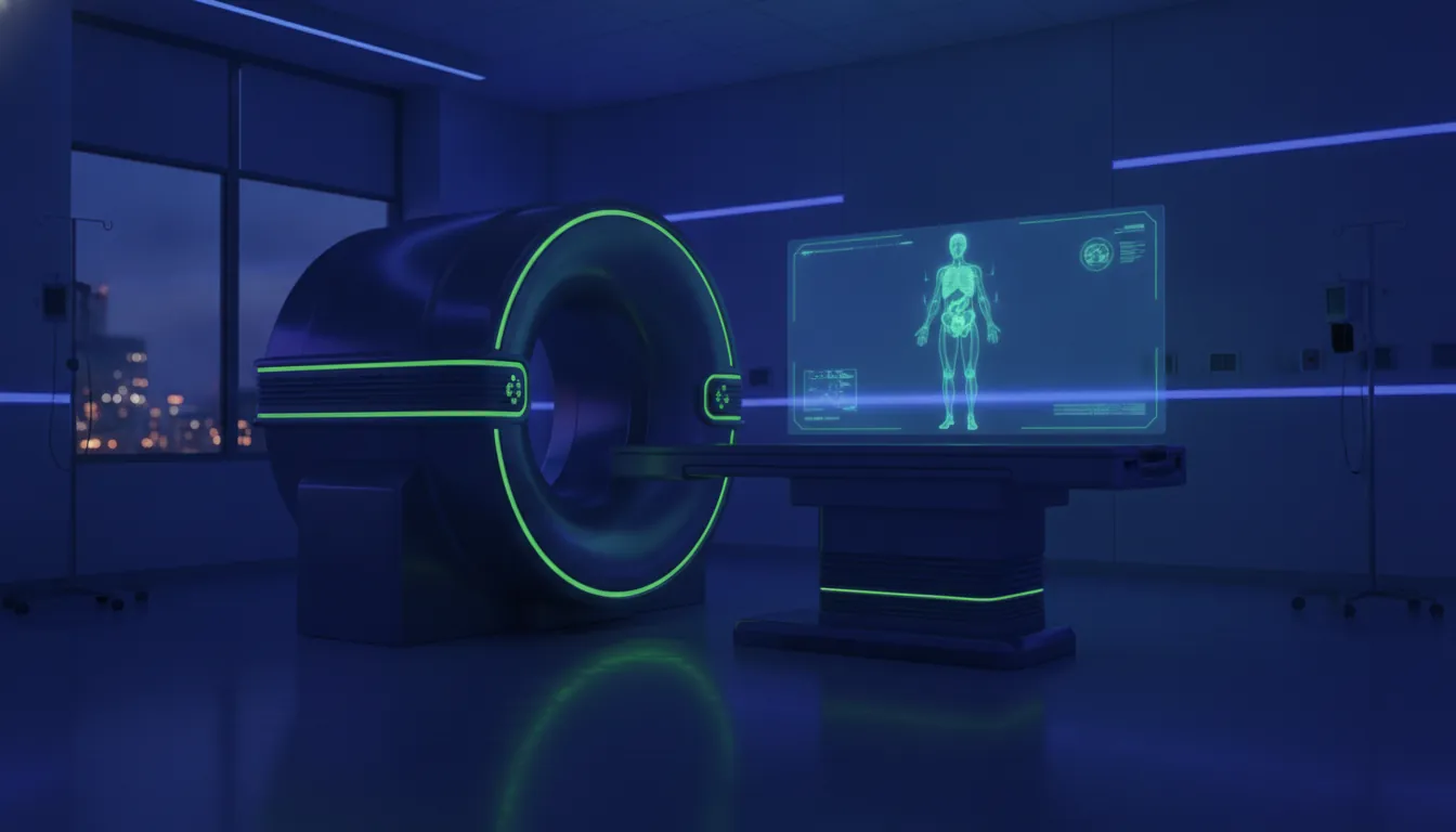 Medical imaging equipment in a hospital room during blue hour