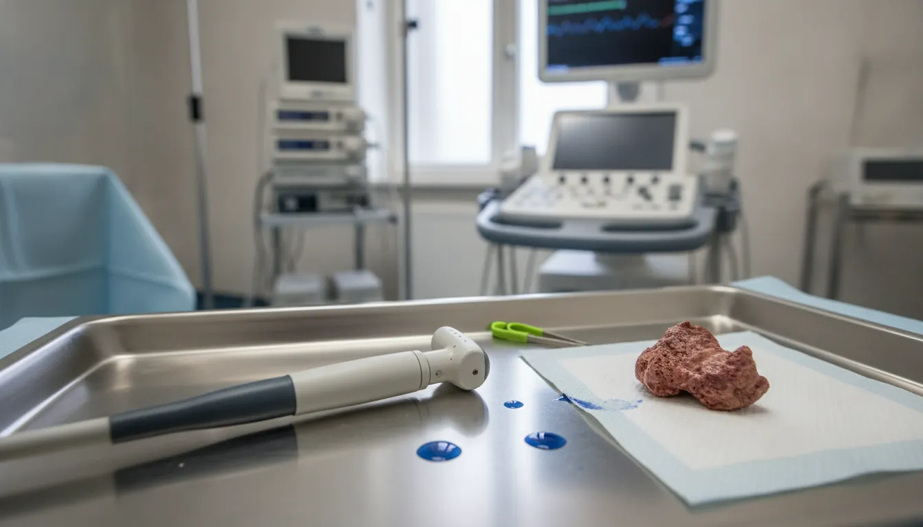 Endobronchial ultrasound probe and lung tissue sample in a clinical setting.