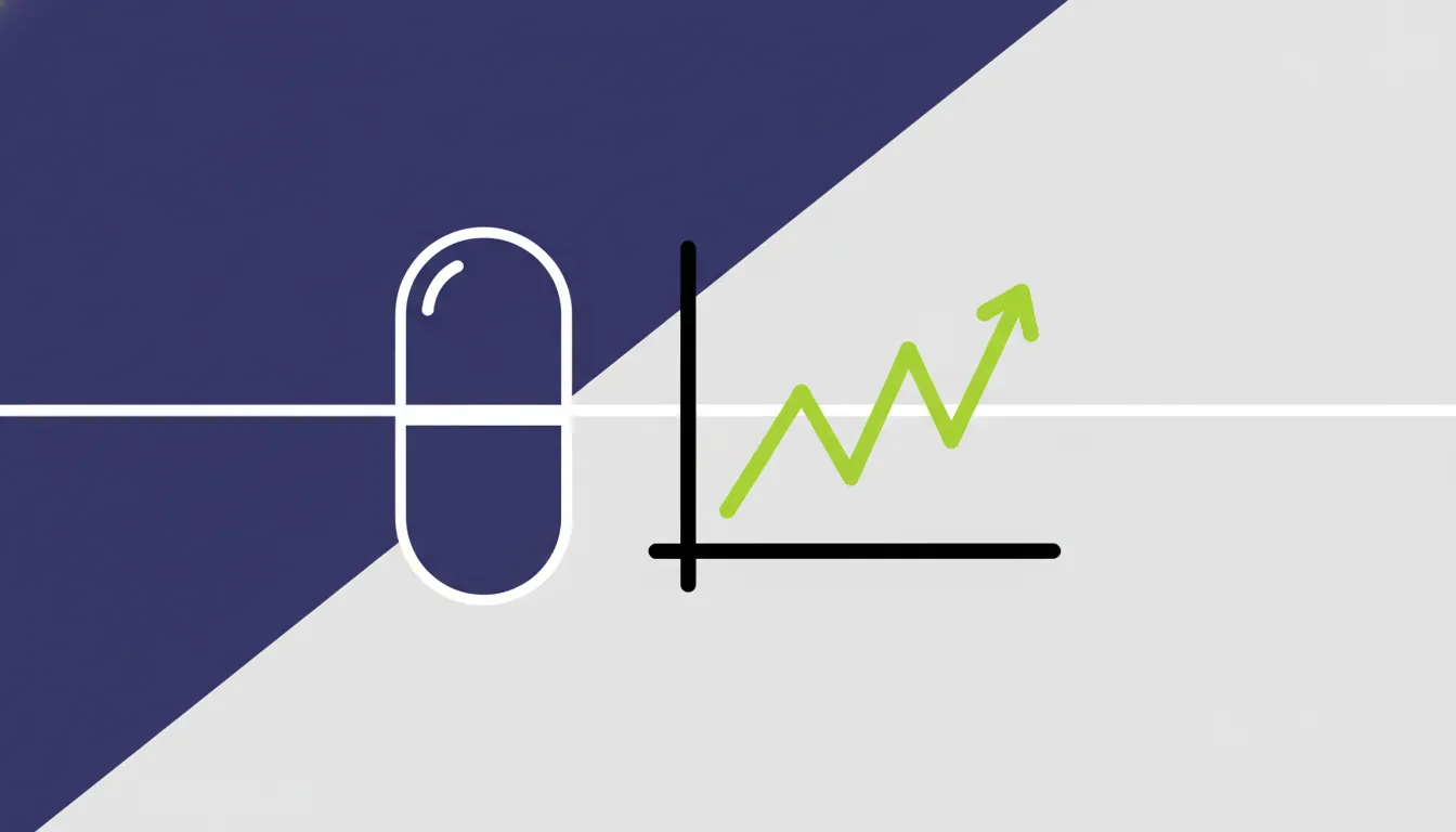 A minimalist illustration of a pill and stock chart
