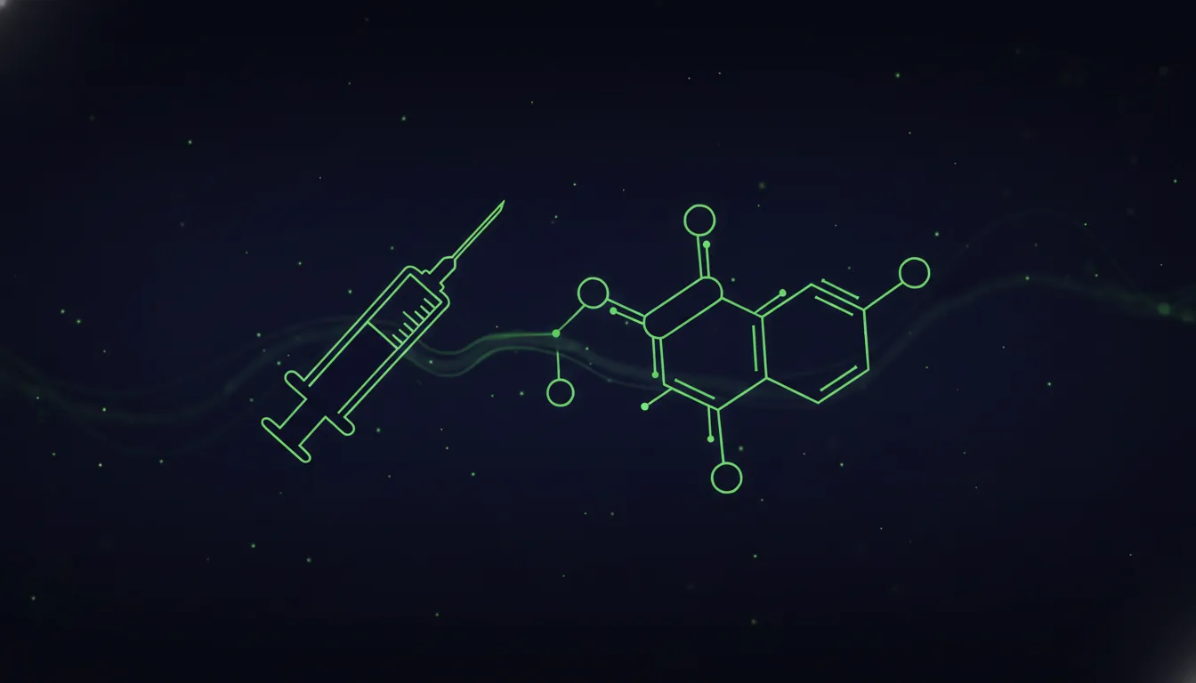 A minimalist illustration of a syringe and a molecule on a dark background.