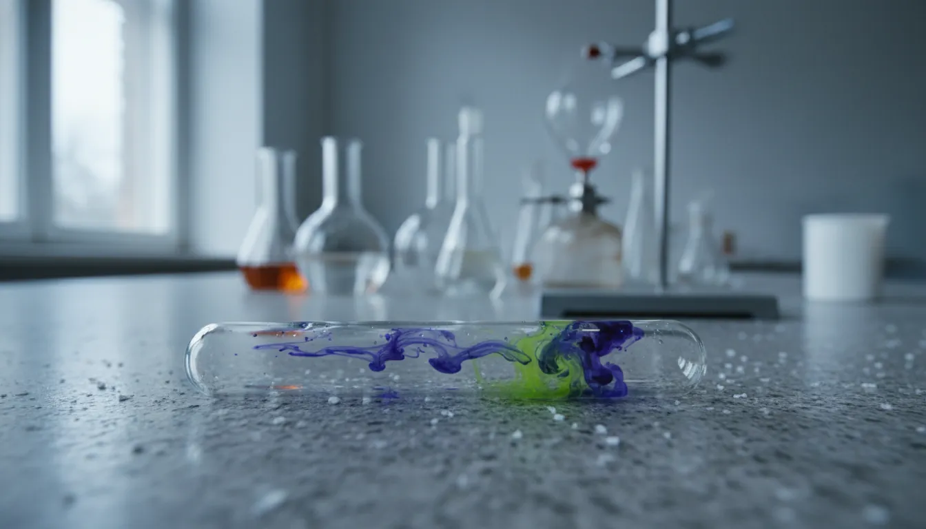 A test tube with a liquid sample on a lab countertop